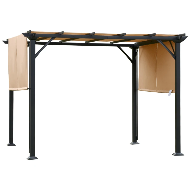 Outsunny Pergola Gazebo da Giardino in Acciaio con Tende Regolabili 3x3m, Marrone Chiaro