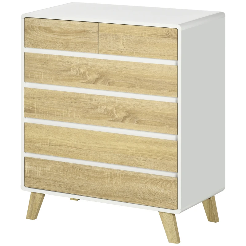 HOMCOM Kommode, Sideboard, 6 Schubladen, minimalistisches Design, weiß+holz, 80 x 40 x 95 cm