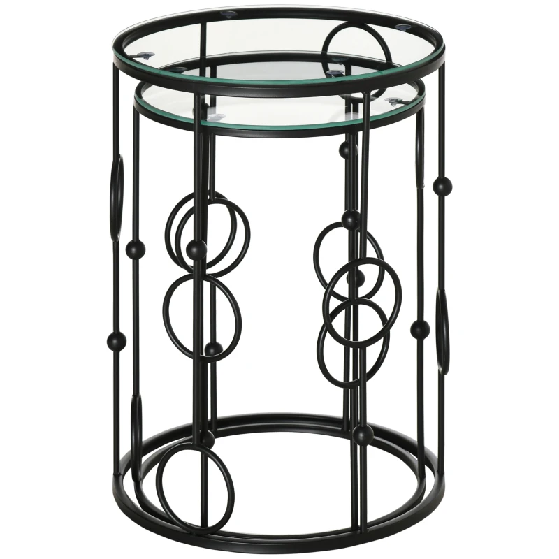 HOMCOM Set di 2 Tavolini da Caffè Impilabili in Metallo e Vetro Temperato Ø41x57cm e Ø36x51cm, Nero