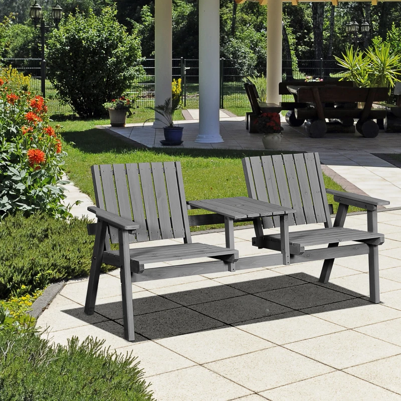 Outsunny Gartenbank mit Tisch, Sitzgruppe, Gartenmöbel, mit Regenschirmloch, Sitzbank, 2 Stühle, Massivholz, Grau, 152 x 70 x 83 cm