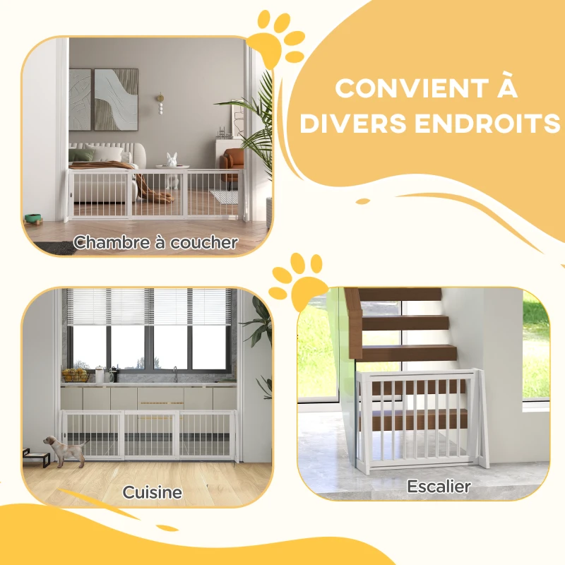 PawHut Barrière de sécurité pour chien barrière de protection à 3 panneaux rétractable 71-190 cm en bois - blanc