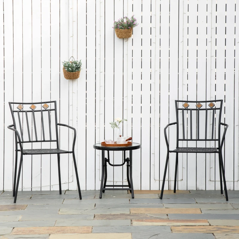 Outsunny Lot de 2 chaises de jardin en métal époxy façon fer forgé avec mosaïque - accoudoirs