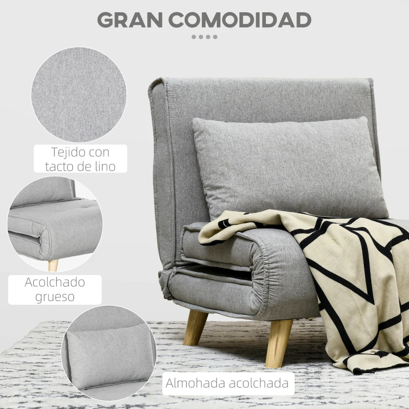 HOMCOM Sillón Cama Plegable Tapizado en Lino Sintético con Respaldo Ajustable en 6 Posiciones y Almohada 72x78x79 cm Gris