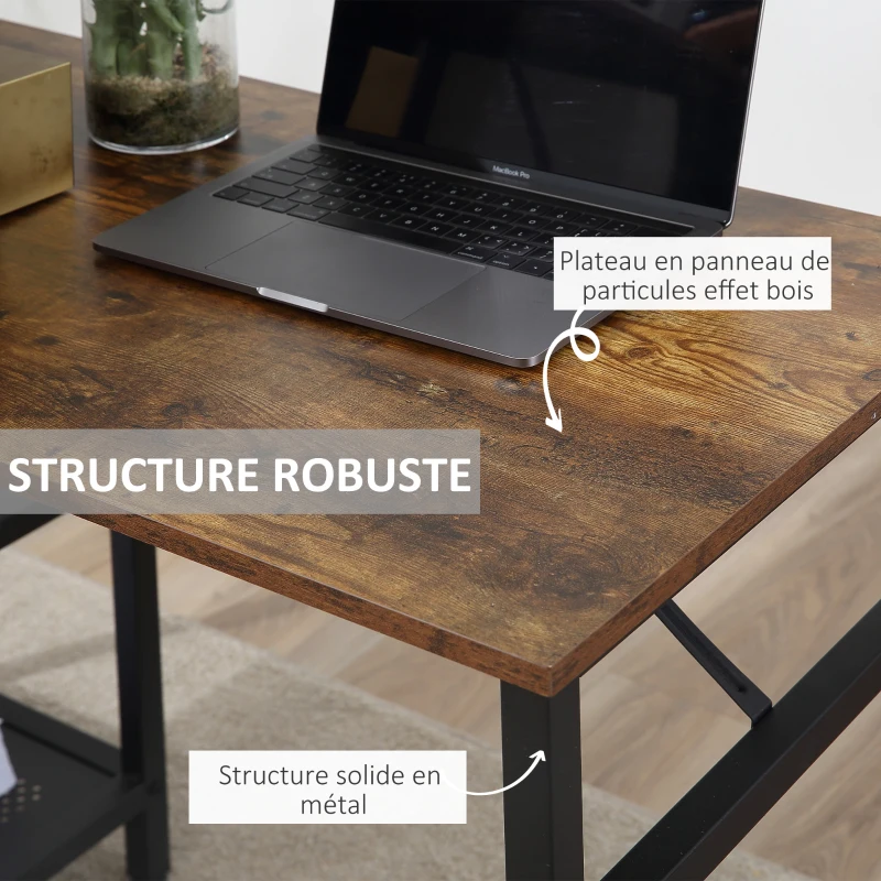 HOMCOM Bureau Informatique Design Industriel modulable Bureau d'angle 2 étagères Aspect Vieux Bois métal Noir