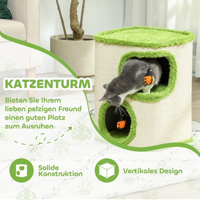 PawHut Kratzturm, 52 cm, Katzenhöhle mit Plüsch, Kratzfläche, Spielzeug, Grün/Cremeweiß