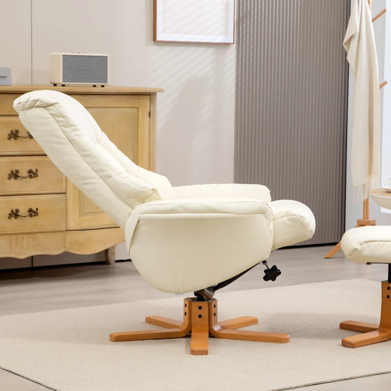 HOMCOM Relaxsessel mit Hocker, Liegefunktion, Kunstlederbezug, bis 150 kg, 71 x 84 x 102 cm, Cremeweiß(m-8)
