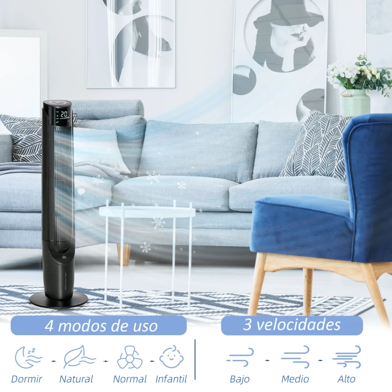 HOMCOM Climatizador Evaporativo 60W Silencioso con Mando 3 Velocidades Oscilación 70° Pantalla LED Táctil 31,5x31,5x107cm Negro