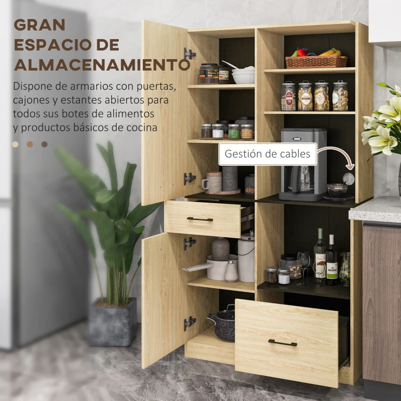 HOMCOM Armario de Cocina con 2 Cajones 2 Armarios 4 Estantes Abiertos Estilo Moderno 90x40x170 cm Roble y Negro