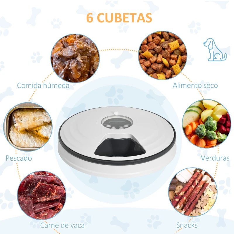 PawHut Dispensador de Comida para Mascotas Comedero Automático con Temporizador Pantalla LED 6 Cuencos Ø30,5x7,2 cm Blanco
