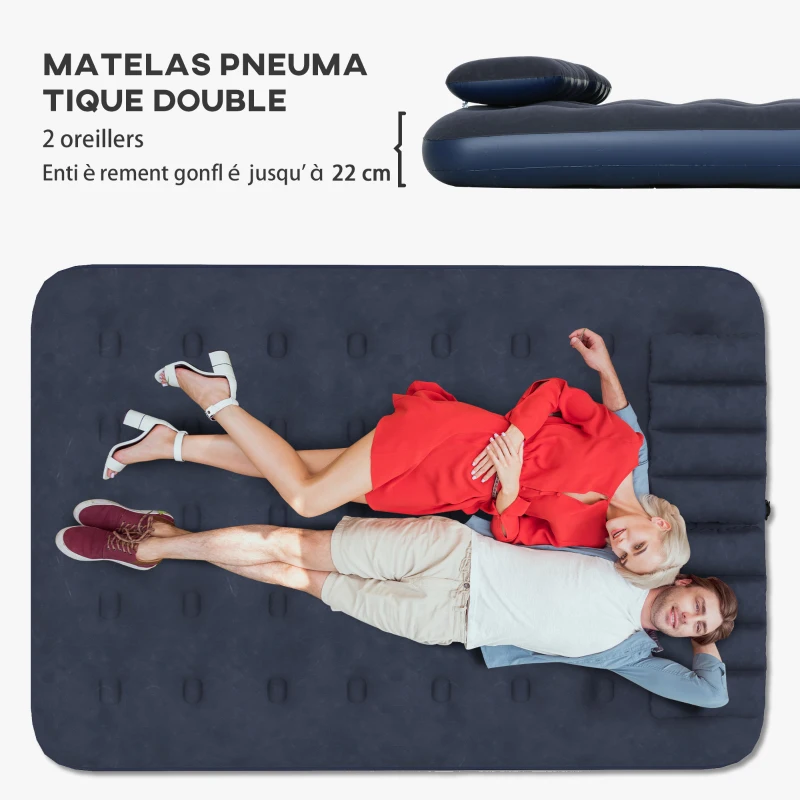 Outsunny Matelas gonflable 2 personnes avec pompe à main intégrée, 2 appuis-tête, surface floquée, pour camping, voyage, bleu