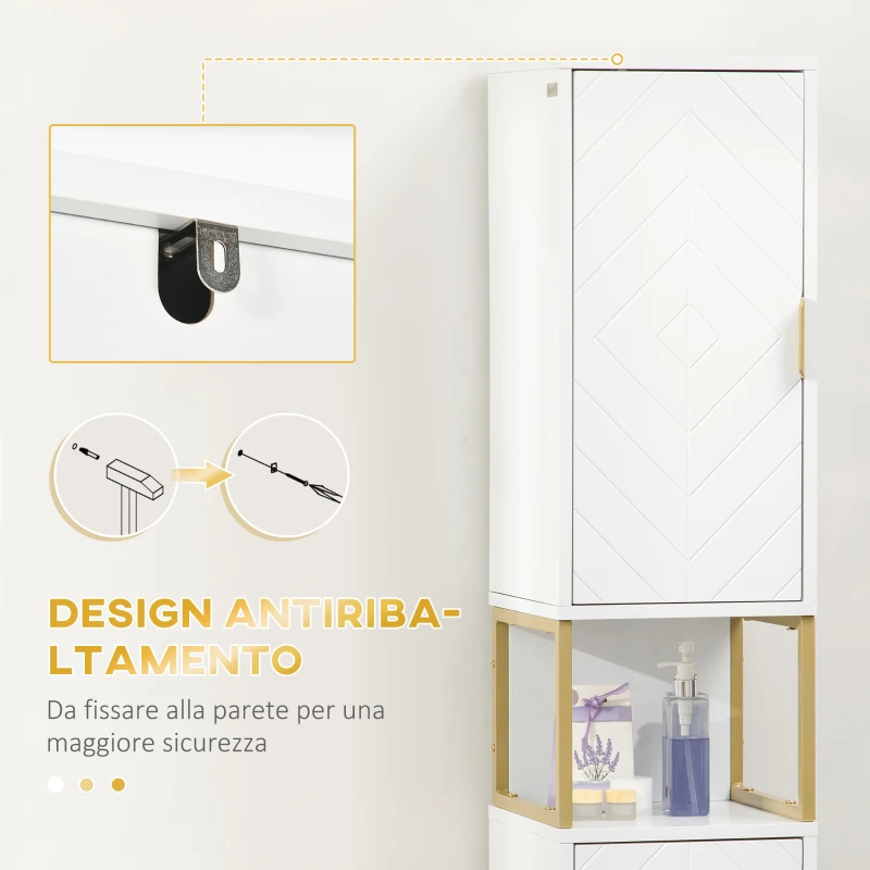 kleankin Colonna Bagno con 2 Armadietti e Ripiano in MDF e Acciaio, 30x30x170.7cm, Bianco e Oro