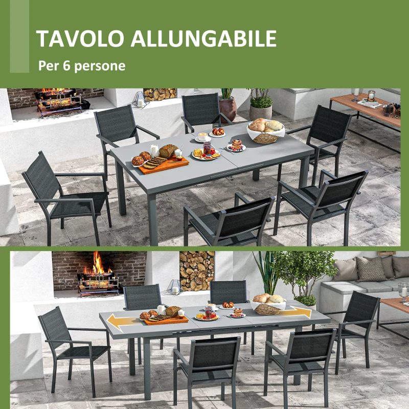 Outsunny Set da Giardino 7 Pezzi in Alluminio con 6 Sedie Pieghevoli e Tavolo Allungabile, Grigio e Nero