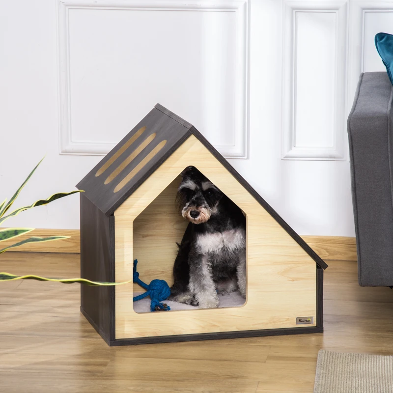 PawHut Caseta de Madera para Perros Casa para Perros Cojín Desenfundable Lavable y 3 Ventilaciones 60x40x59,2 cm Roble y Marrón