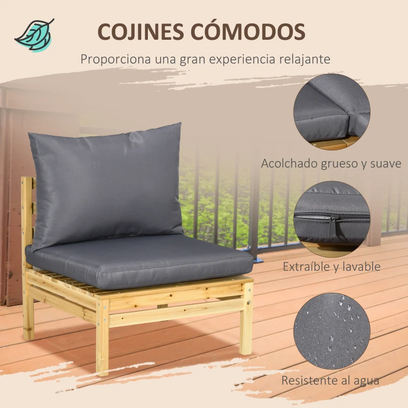 Outsunny Conjunto de Muebles de Jardín de Madera 5 Piezas 4 Módulos de Sofá con Cojines y Mesa de Centro para Exterior Natural