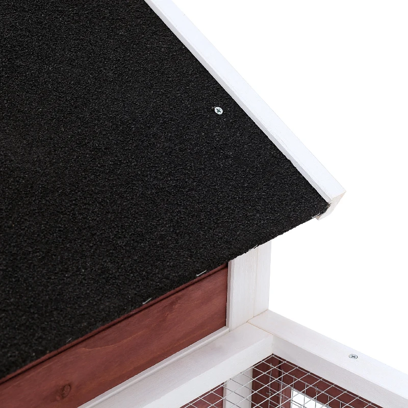 PawHut Conejera de Madera de 2 Niveles Jaula para Conejos con Zona Abierta Techo Asfáltico Bandeja Extraíble y Rampa Conejera para Exterior 122x62,6x92 cm Marrón