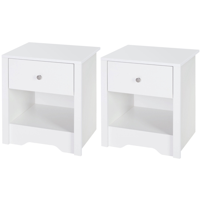 HOMCOM Bedside Table, Nightstand with Drawer and Open Shelf, End Table for Living room, Bedroom, Set of 2, White