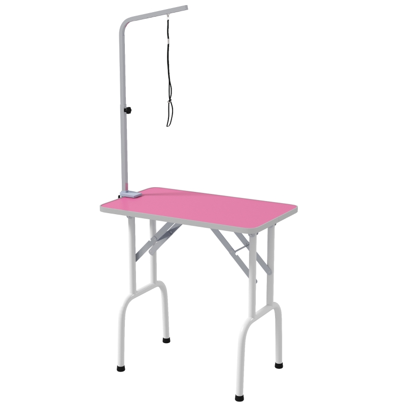 PawHut 32" Foldable Dog Grooming Table Pet Drying Beauty Table Adjustable Fixed Arm Rubber Top, Pink
