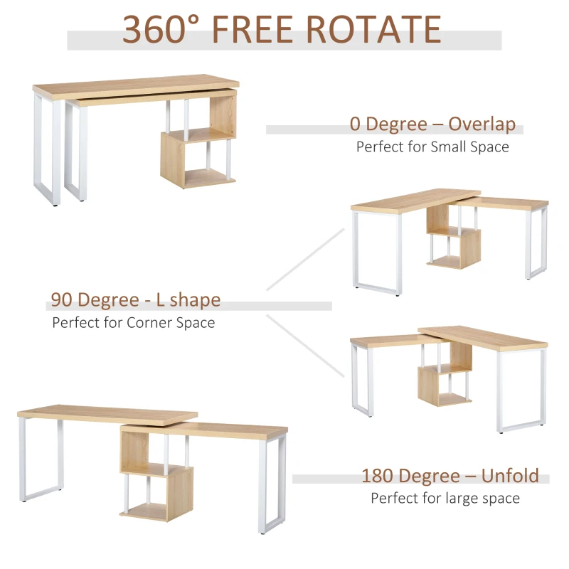 HOMCOM 360° Rotating Corner Desk L-Shaped Dining Table with Storage Shelf Workstation Writing Table Home Office Oak Tone