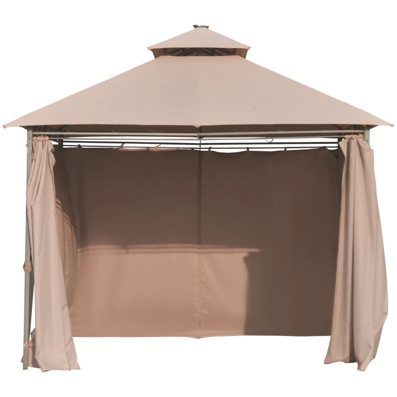 Outsunny 4 x 3(m) Outdoor Gazebo Canopy Party Tent Garden Pavilion Patio Shelter w/ LED Solar Light, Double Tier Roof, Curtains, Steel Frame, Khaki