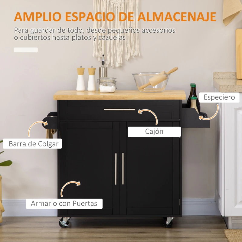 HOMCOM Carrito de Cocina con Armario con Puertas y Estante Interior Ajustable Cajón Barra y Especiero Móvil Aparador Auxiliar con Ruedas para Comedor 109x40x89 cm Negro