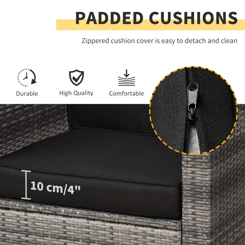 Outsunny 3 Pieces Rattan Bistro Set, Wicker Garden Furniture Set with Glass Top Coffee Table and Chairs, Thickened Washable Cushions for Outdoor, Patio, Balcony, Grey