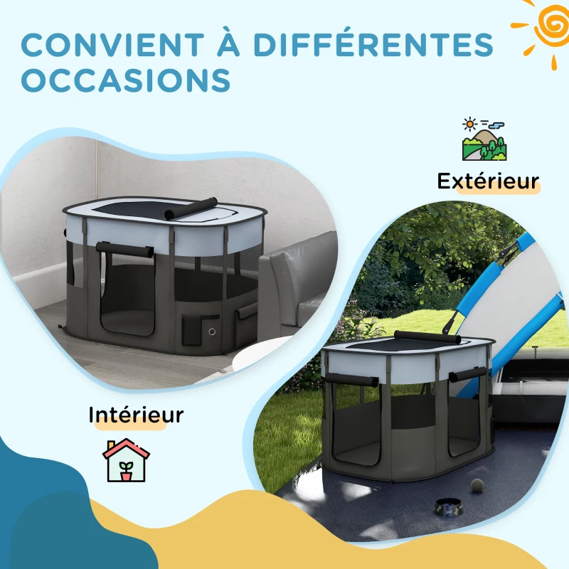 PawHut Parc enclos pliable pour chien chat petits animaux en tissu Oxford avec rangement 94 x 74 x 60 cm gris et noir