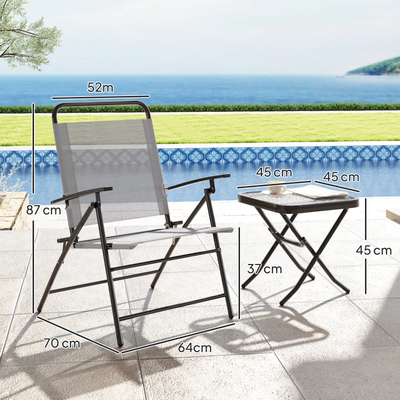 Outsunny Set da Giardino con Tavolo con Piano in Vetro e 2 Sedie Pieghevoli con Schienale Regolabile, Grigio