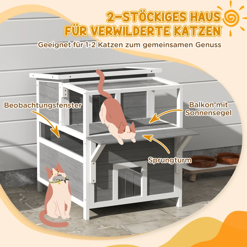 PawHut 2-stöckiges Katzenhaus mit Balkon, Wetterfeste Katzenhütte, Regen- und Sonnenschutz, für drinnen und draußen, Hellgrau(m-5)