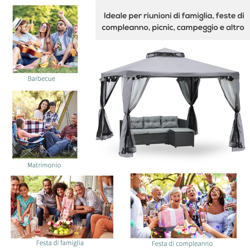 Outsunny Gazebo da Giardino 3x3 m con Zanzariera, Struttura in Metallo e Copertura in Poliestere, Grigio