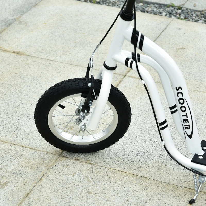 HOMCOM Trottinette enfants, grandes roues pneumatiques 12 pouce en caoutchouc, charge 100 kg, trottinette tout terrain avec double freins, hauteur réglable et béquille latérale, 5 à 12 ans, blanc(m-8)