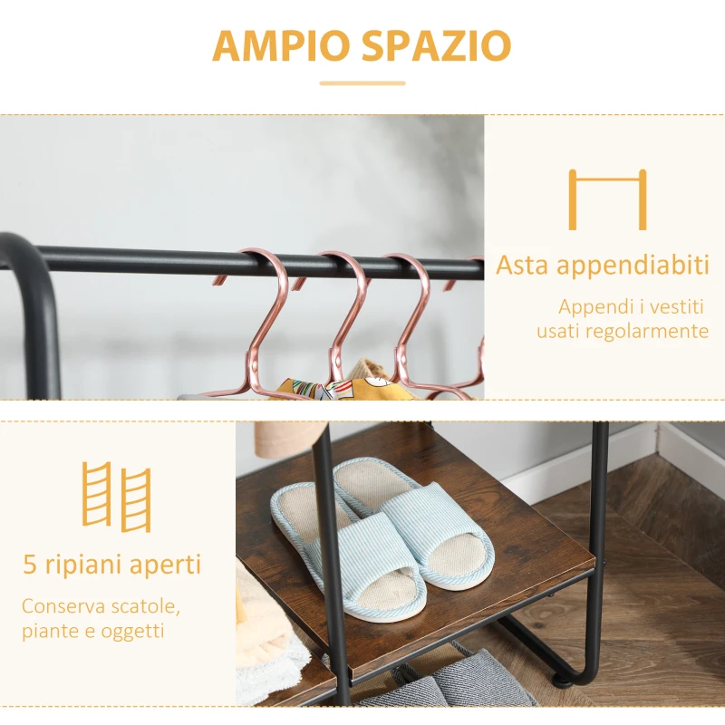 HOMCOM Appendiabiti da Terra Stile Industriale con Barra e 5 Ripiani in Legno e Acciaio 101x39x160cm