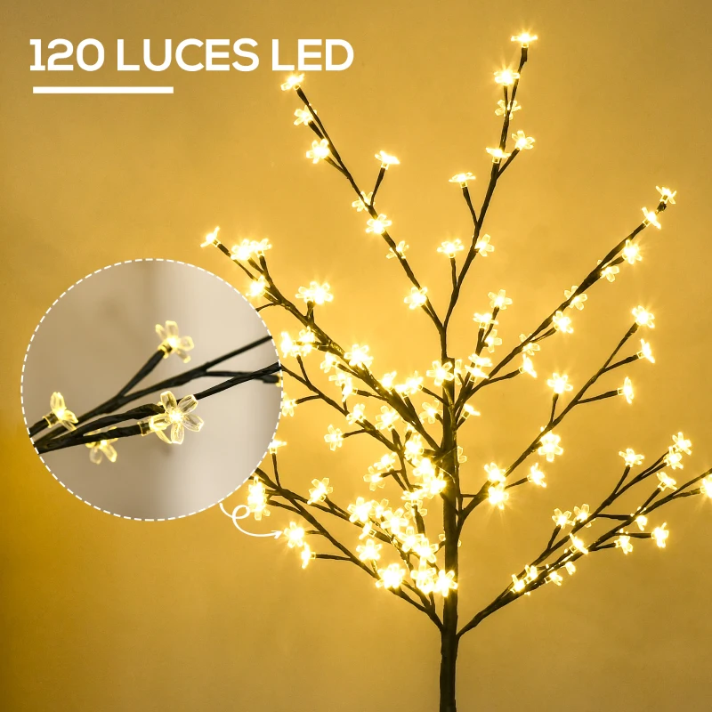 HOMCOM Árbol de Flor de Cerezo con 120 Luces LED IP44 en Blanco Cálido Decoración para Interiores 17x17x120 cm Negro