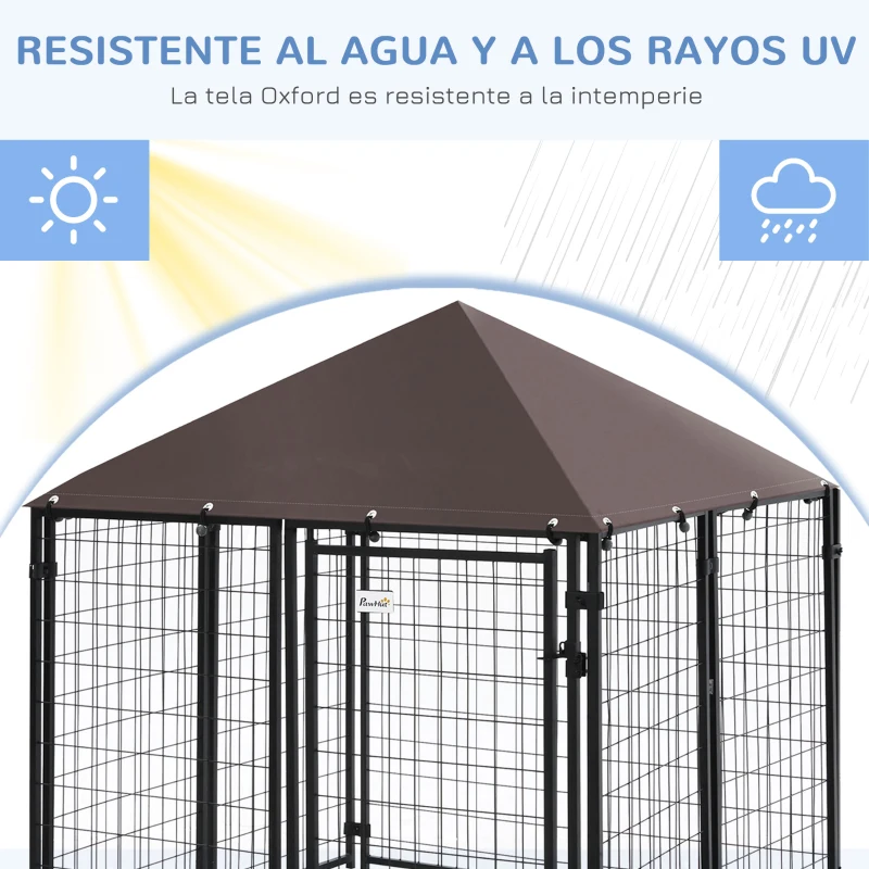 PawHut Perrera de Exterior con Toldo para Mascotas con Malla de Metal y Puerta con Cerradura 141x141x153 cm Negro