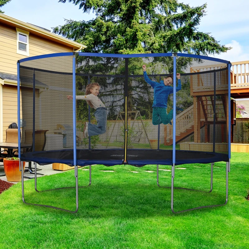 HOMCOM Trampolino Elastico da Esterno, Tappeto Elastico per Bambini e Adulti da Giardino con Rete di Sicurezza e Bordo Imbottito, Giochi da Giardino e Casa, Ø426x269cm, Blu e Nero