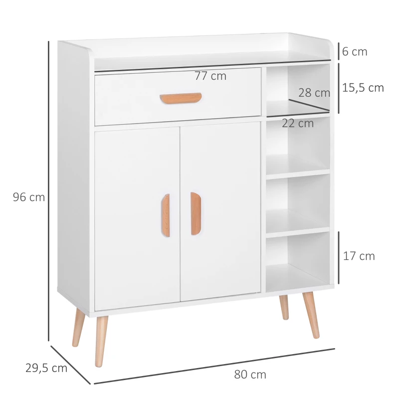 HOMCOM Meuble de rangement design scnadinave dim. 80L x 30l x 96H cm 4 niches placard 2 portes étagère tiroir coulissant bois massif panneaux particules blanc
