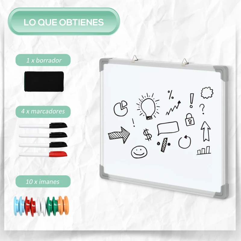HOMCOM Pizarra Blanca Magnética Pizarra de Borrado en Seco con Borrador 4 Rotuladores y 10 Imanes 60x45 cm Blanco