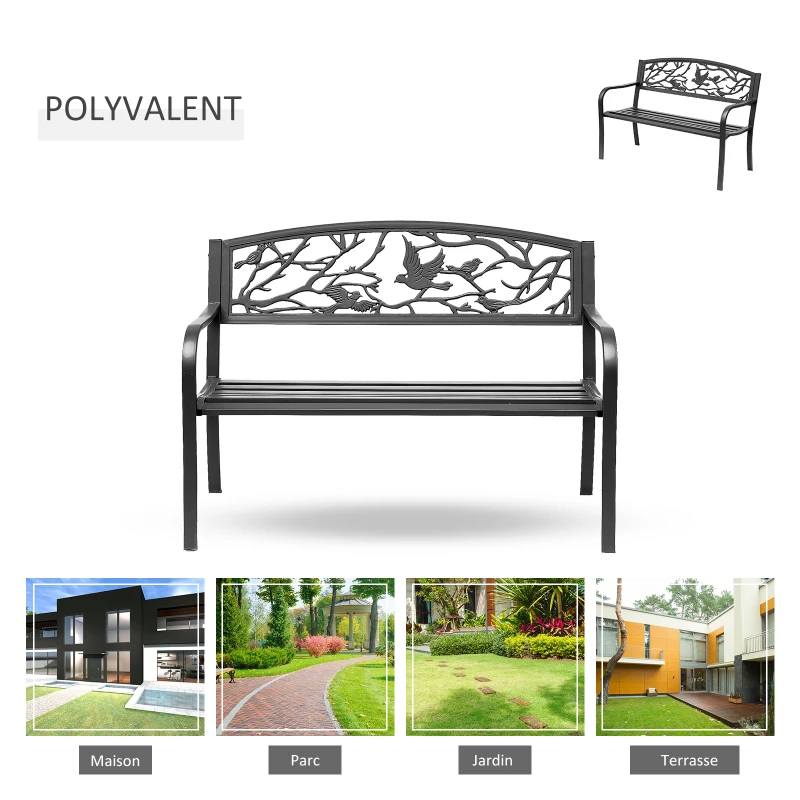 Outsunny Banc de Jardin 3 Places banc extérieur jardin Style Rural Chic pour balcon terrasse patio 127 x 60 x 85 cm métal époxy anticorrosion Noir