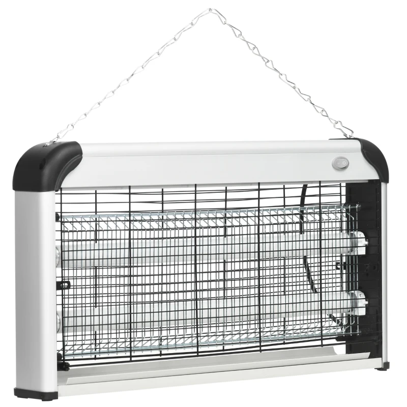 Outsunny 30W Electric Fly Zapper, Bug Zapper with UK Plug, 2 UV Bulbs, Hanging Chain, On/Off Switch and Removable Catch Tray, 60㎡ Coverage Insect Mosquito Killer for Indoor and Outdoor Use, Silver