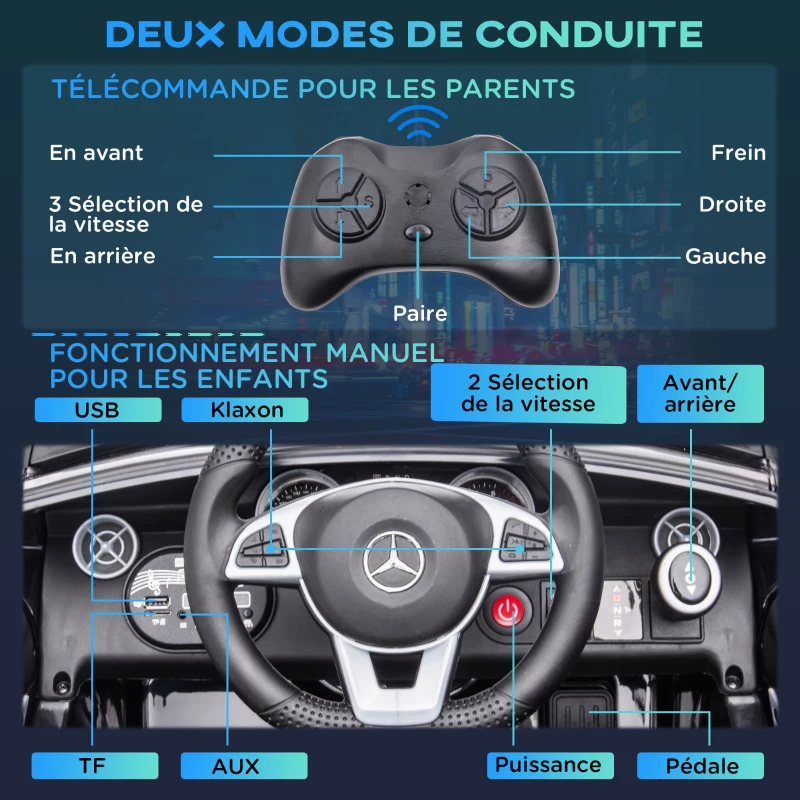 AIYAPLAY Voiture électrique enfants licence Mercedes SLC 300 12V V. Max. 5 Km/h effets sonores lumineux télécommande noir(m-5)