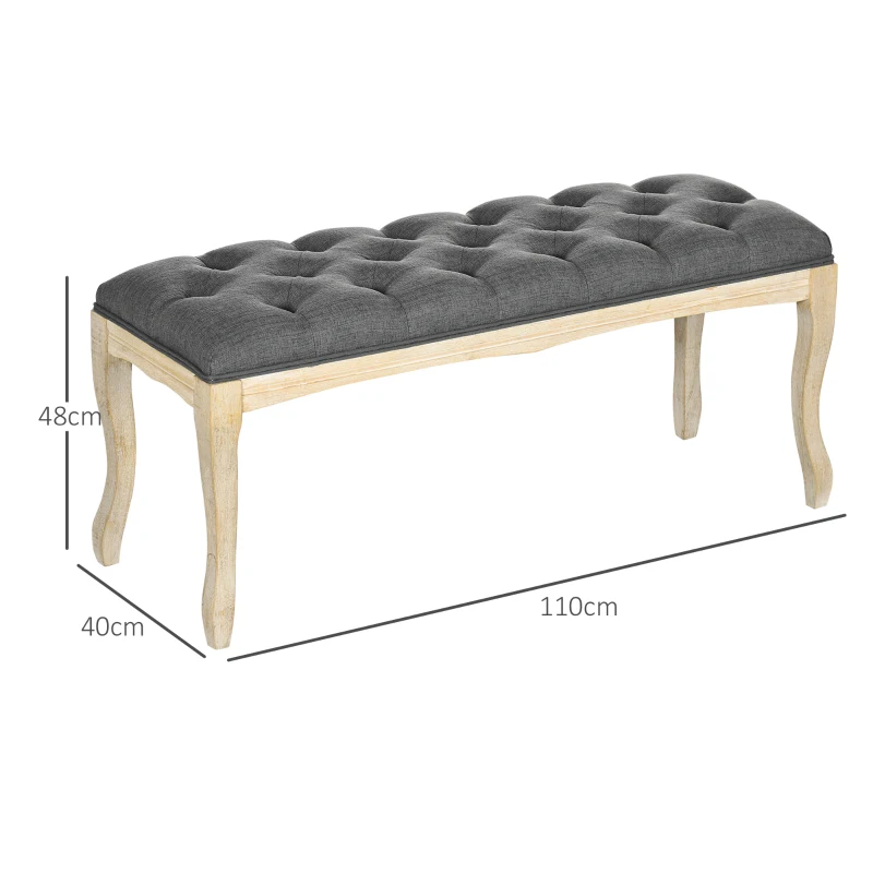 HOMCOM Banc Banquette capitonnée Style Classique 110 cm Bout de lit Rembourrée en lin piètement Bois hévéa sculpté Lin Gris