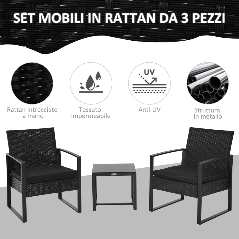 Outsunny Set da Balcone, Tavolino e 2 Sedie da Esterno in Rattan con Cuscini, Nero
