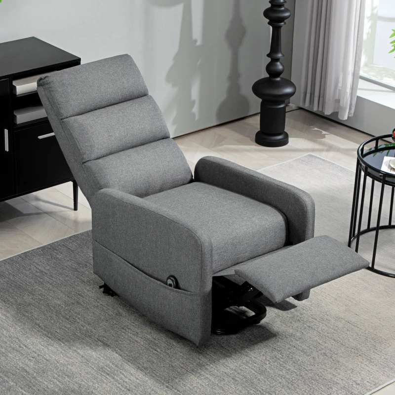 HOMCOM Elektrischer Relaxsessel mit Aufstehhilfe, Fernbedienung, weicher Schaumstoff, Seitentasche, Bezug in Leinenoptik, Grau(m-9)