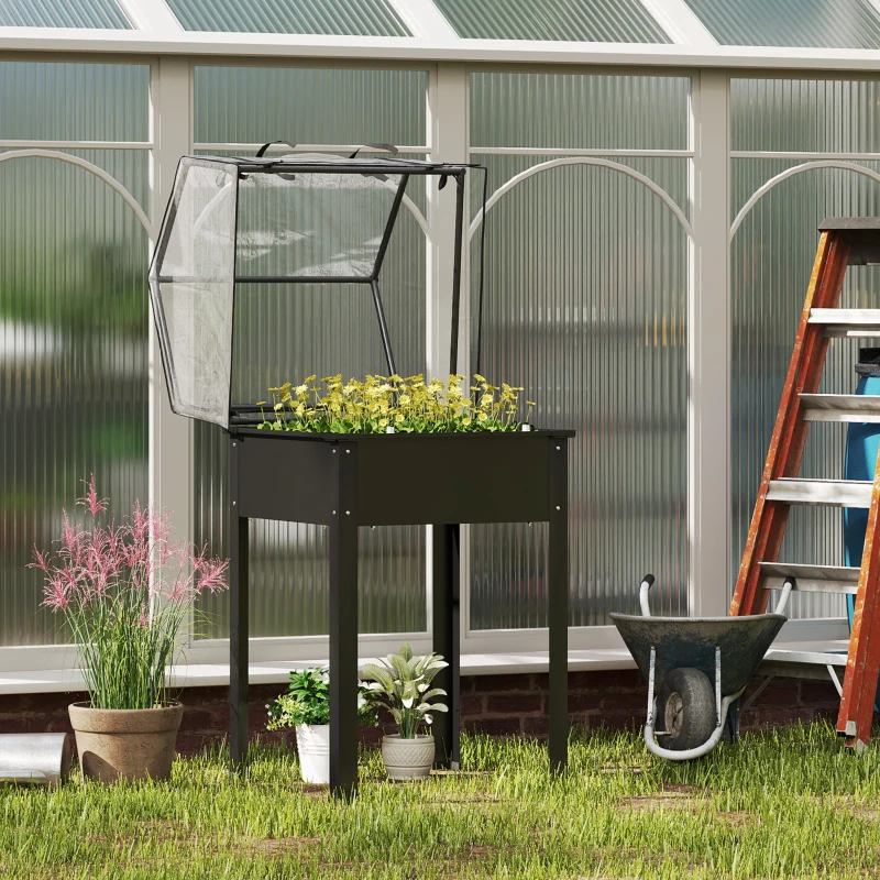 Outsunny Hochbeet mit Gewächshaus-Dach, Erhöhte Pflanzenbox mit Ablauflöchern, 60 x 60 x 120 cm, Schwarz