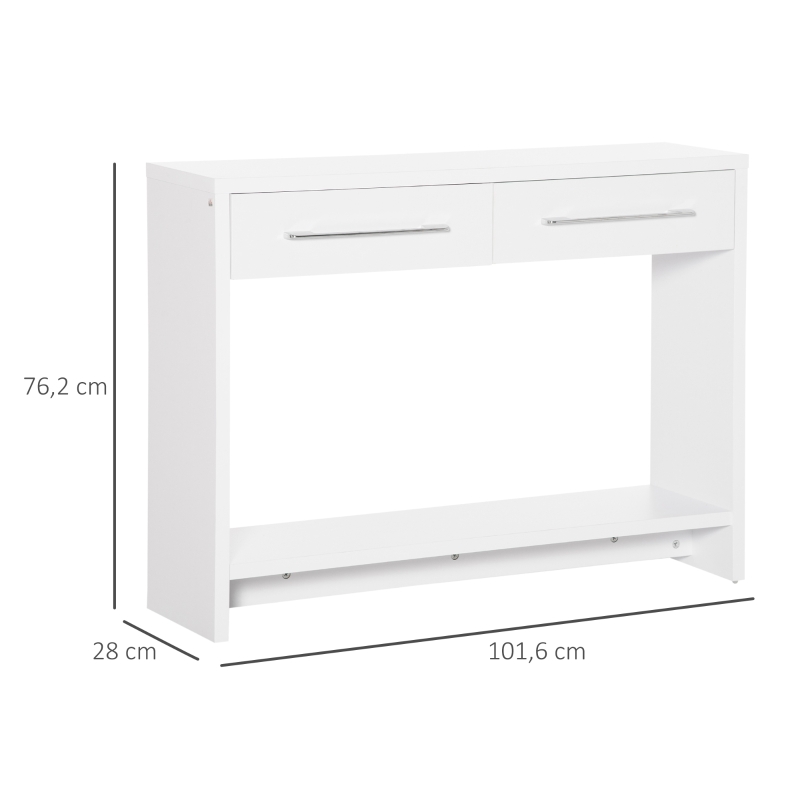 HOMCOM Mueble Recibidor de Entrada Mesa Consola con 2 Cajones y Estante para Pasillo Salón 101,6x28x76,2 cm Blanco