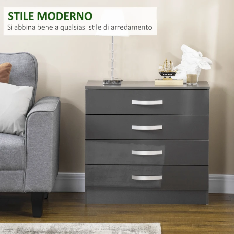 HOMCOM Cassettiera da 4 Cassetti con Maniglie di Metallo, in Truciolato, 75x36x72 cm, Grigio