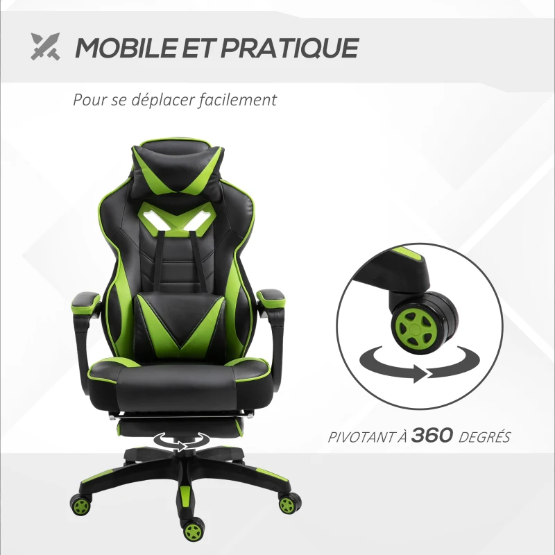 Vinsetto Chaise gaming Ergonomique, Fauteuil de Bureau confortable avec Repose-Pied, Appuie-Tête et coussin lombaire, Hauteur Réglable, noir et vert