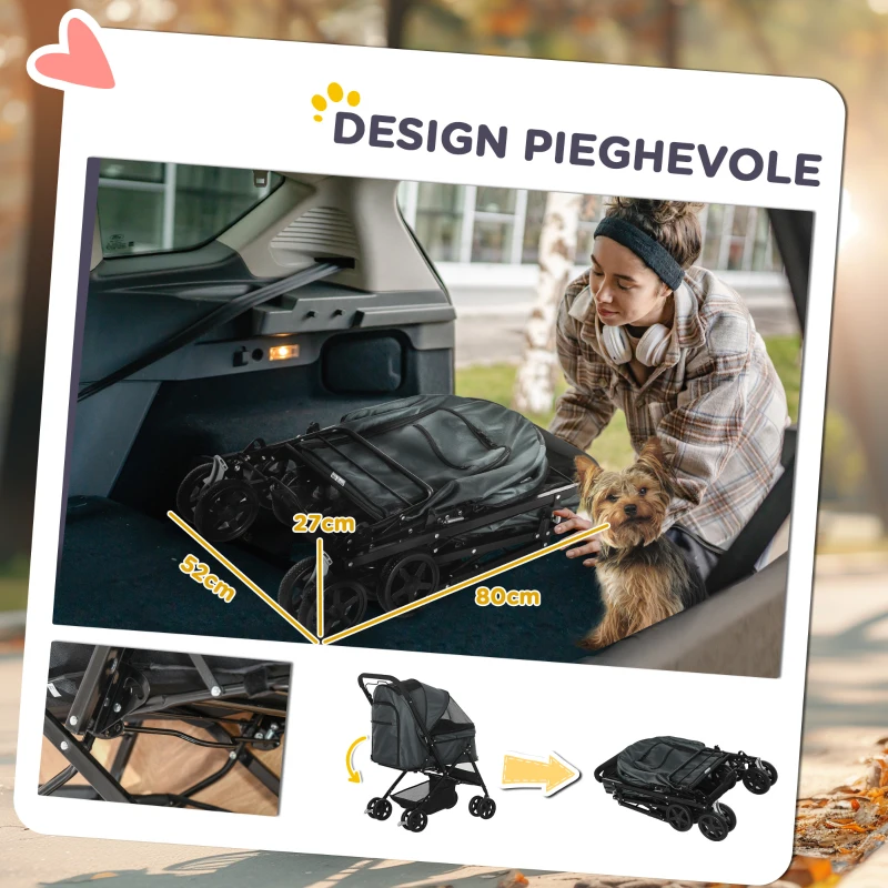 PawHut Passeggino per Cani Piccoli Pieghevole con Maniglione Girevole e Cestino Portaoggetti, 76.5x52x95 cm, Grigio