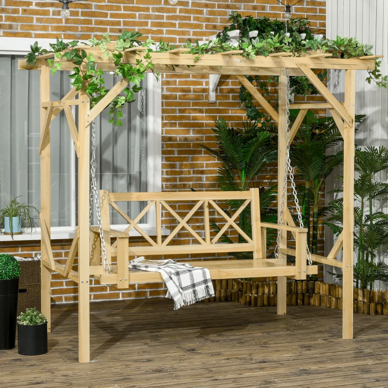 Outsunny Schaukelbank mit Pergola, für 2 Personen, höhenverstellbar, Massivholzrahmen, 2,21 x 1,40 x 1,96 m