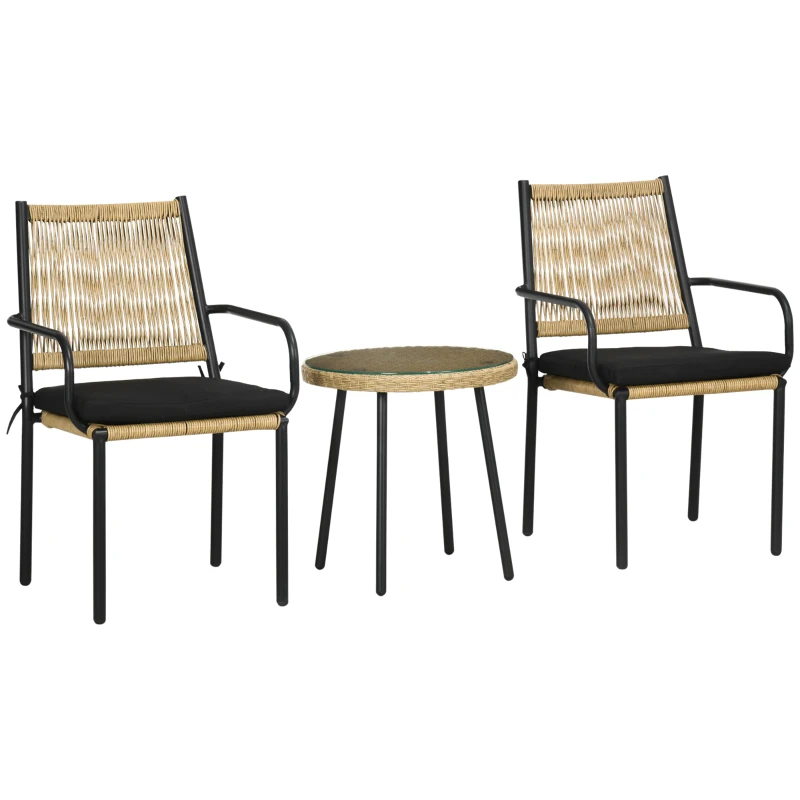 Outsunny Gartensitzgruppe für 2 Personen, Rattanoptik, runder Tisch, zwei Stühle, inkl. Sitzkissen, Sandfarbe
