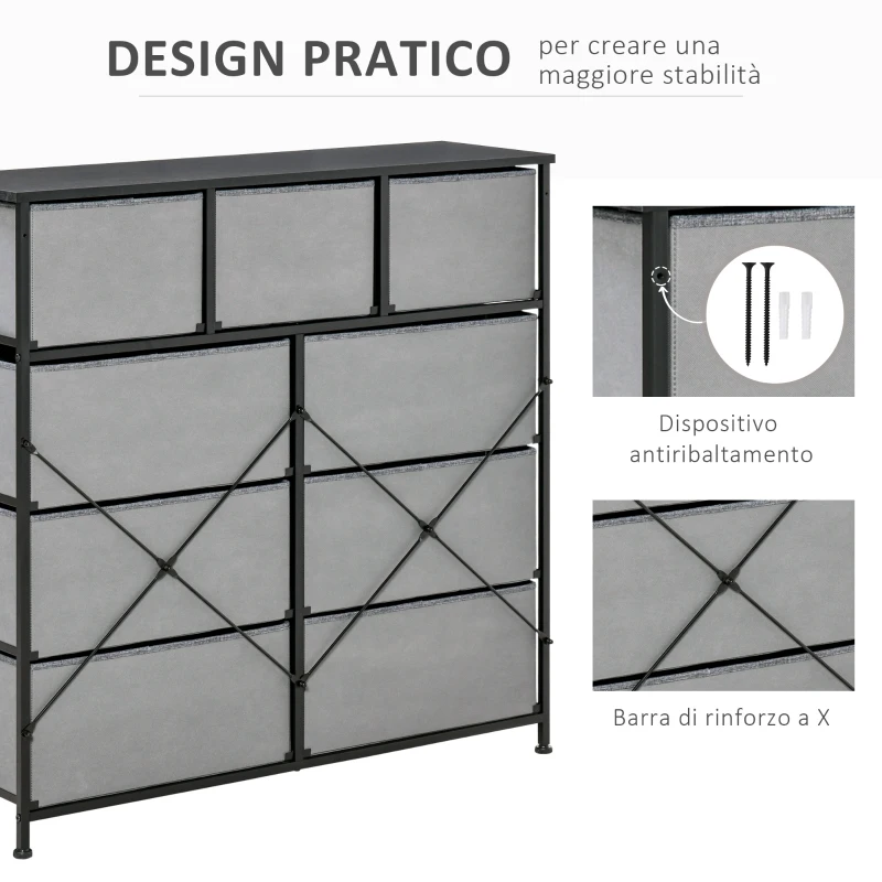 HOMCOM Cassettiera con 9 Cassetti in Tessuto Pieghevoli e Struttura in Acciaio e Legno, 100x30x100cm, Nero e Grigio